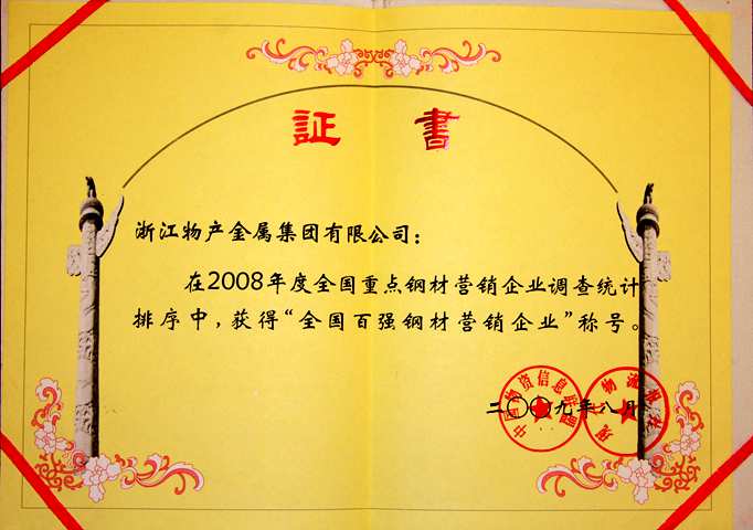 2008年：公司獲得“全國百強鋼材營銷企業”稱號